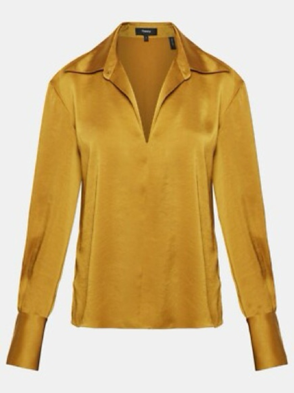 Theory Satin Split-Neck Blouse in Mustard